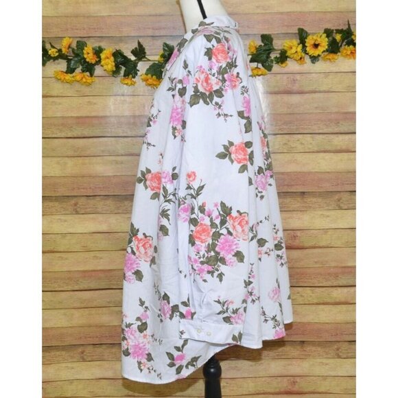 Roaman's 6X 44W White Button Front Blouse Top Pretty Pink Rose Floral Cottage - Picture 5 of 9